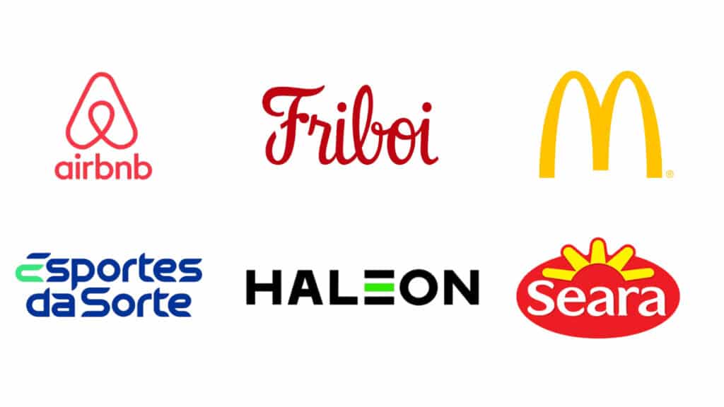 Logos das seis marcas patrocinadoras da Copa do Mundo FIFA 2026: Airbnb, Friboi, McDonald's, Esportes da Sorte, Haleon e Seara.