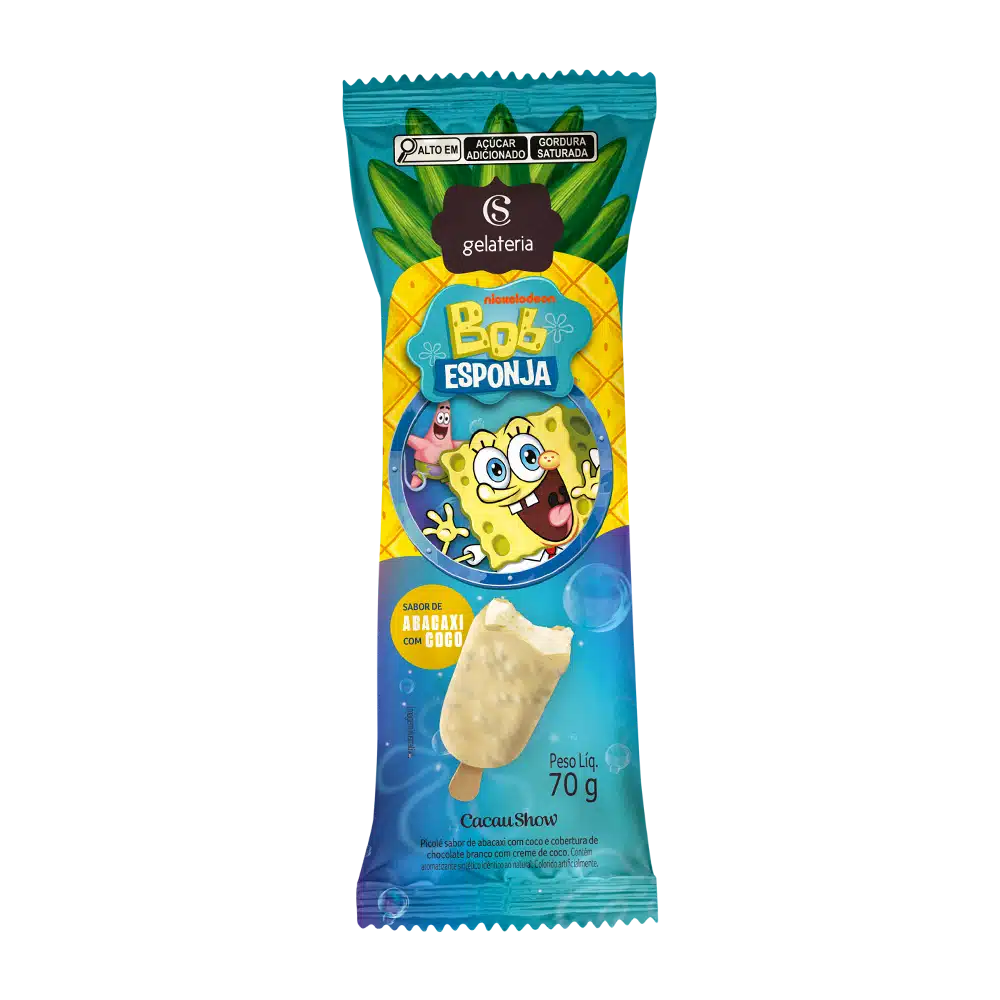 Embalagem de picolé Cacau Show com tema Bob Esponja, sabor abacaxi com coco, apresentando os personagens Bob Esponja e Patrick, com uma ilustração do fundo do mar.