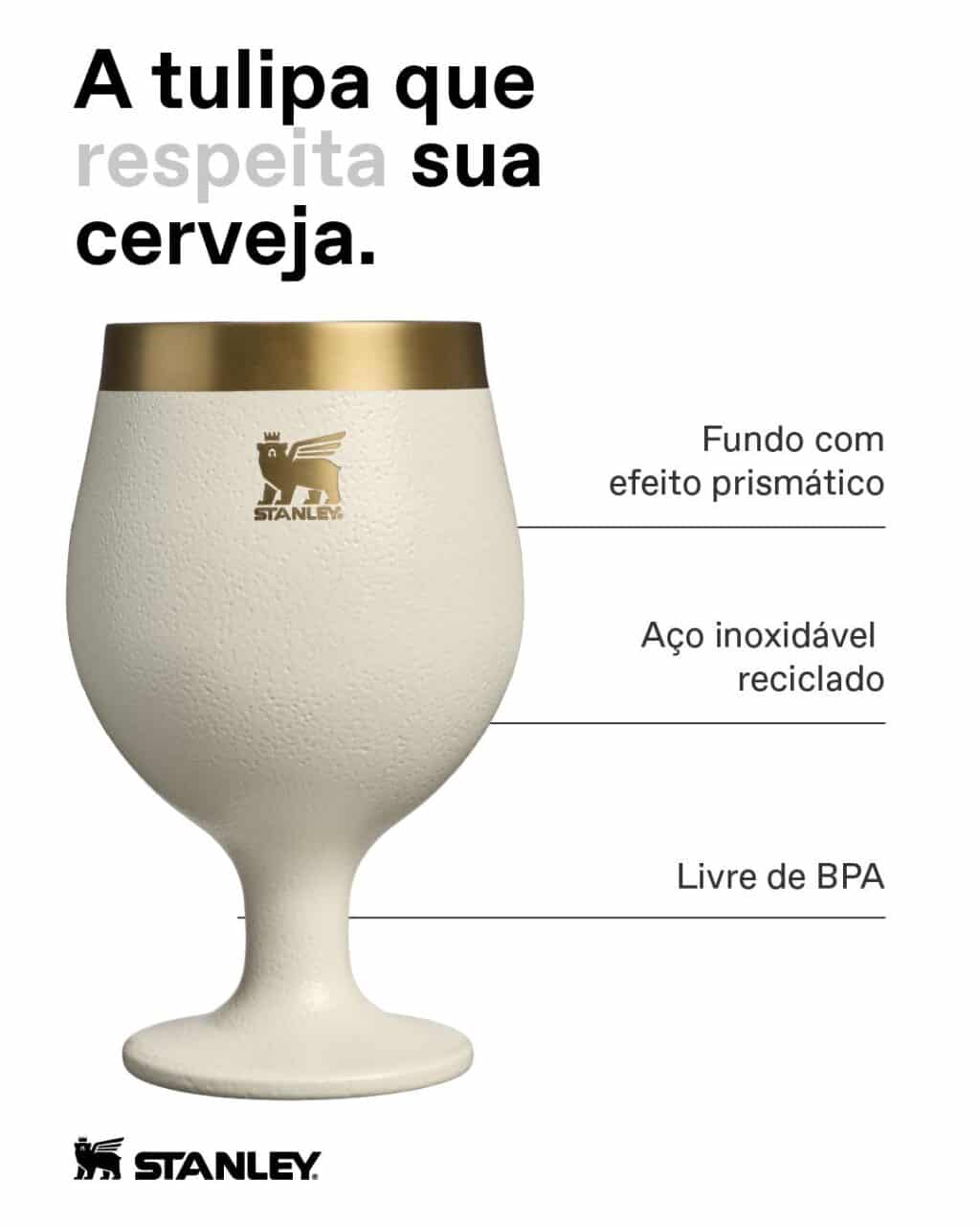 A stylish tulip-shaped beer glass from Stanley, featuring a prismatic bottom and made from recycled stainless steel, BPA-free.