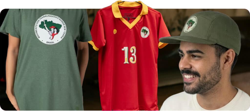 Uma colagem com uma camiseta verde com um logotipo, uma camisa esportiva vermelha com o número 13 e um homem sorridente usando um boné verde, todos representando elementos da cultura brasileira.