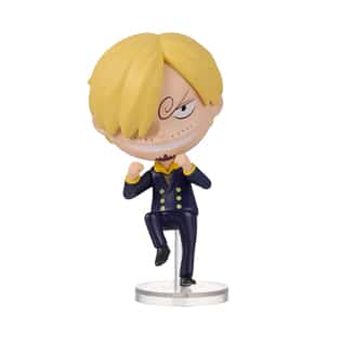 Uma estatueta estilizada de um personagem com cabelo loiro e expressão travessa, vestindo um terno escuro com gola amarela, em pé sobre uma base transparente.