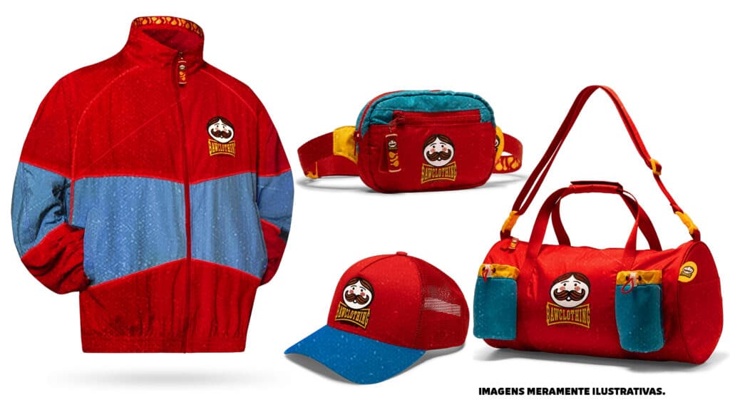 Conjunto promocional da Pringles e Baw, incluindo uma jaqueta vermelha com detalhes azuis, um boné, uma pochete e uma mala, todos com logo da Pringles.