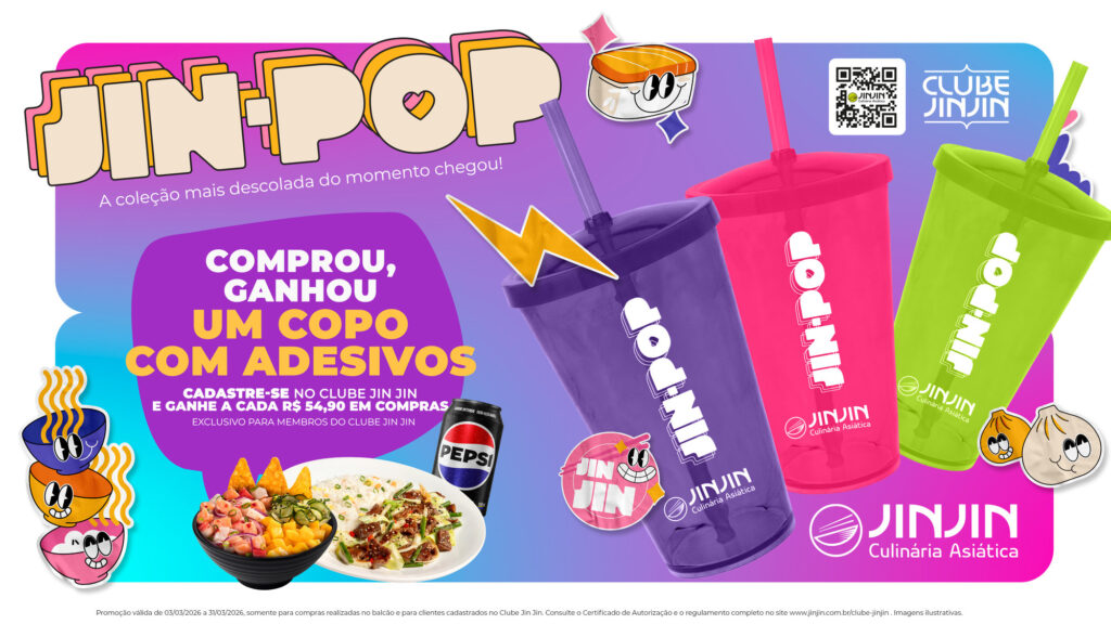 Promotional graphic for Jin-Pop collection featuring colorful cups with stickers, announcing a special offer for purchases at Jin Jin Club.