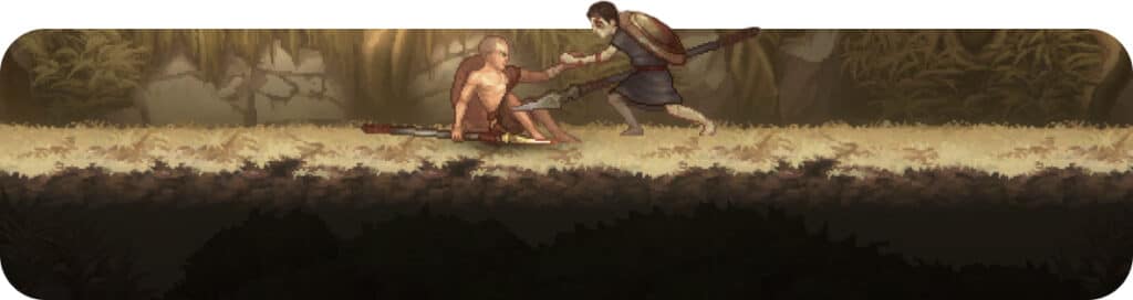 Uma cena que retrata dois personagens em estilo de animação, um sentado segurando uma lança, enquanto o outro estende a mão para ajudá-lo em um ambiente exuberante e florestal.