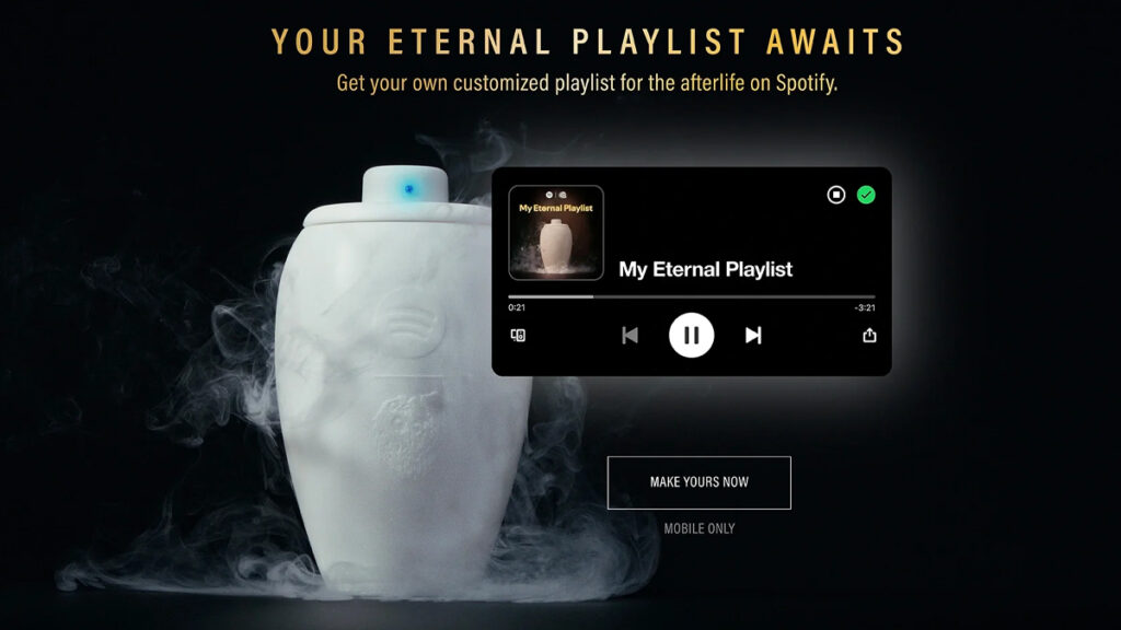 Uma urna branca emitindo fumaça com uma interface de playlist do Spotify exibida, promovendo uma playlist personalizada para a vida após a morte.