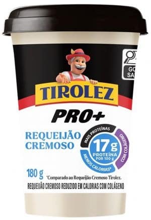 Embalagem de Tirolez Pro+ Requeijao Cremoso, um queijo cremoso com 17 gramas de proteína por 100 gramas, com um personagem de desenho animado no rótulo.