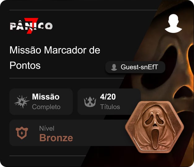 Gráfico da interface do usuário exibindo uma missão intitulada 'Pontos de Marcação da Missão' do jogo 'Pânico 7'. Mostra o status de conclusão como 'Concluído', com um progresso de 4 de 20 títulos e uma medalha de conquista de nível bronze.