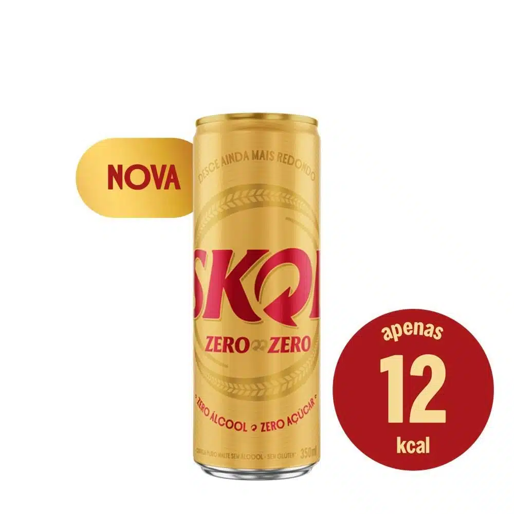 Imagem mostra lata de cerveja Skol Zero Zero com selo de novidade e ícone informativo de 12 calorias.