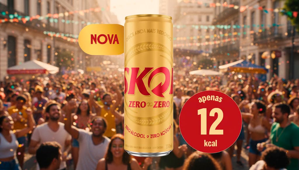 Lata de SKQ Zero a Zero em destaque, com uma multidão animada ao fundo durante uma festa, exibindo a frase 'NOVA' e a informação de que contém apenas 12 kcal.