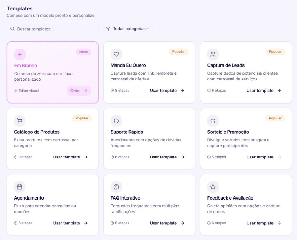 Tela de templates da plataforma Youze, exibindo vários modelos de fluxo para automação em redes sociais, com opções como 'Em Branco', 'Manda Eu Quero', 'Catálogo de Produtos' e 'Sorteio e Promoção'.
