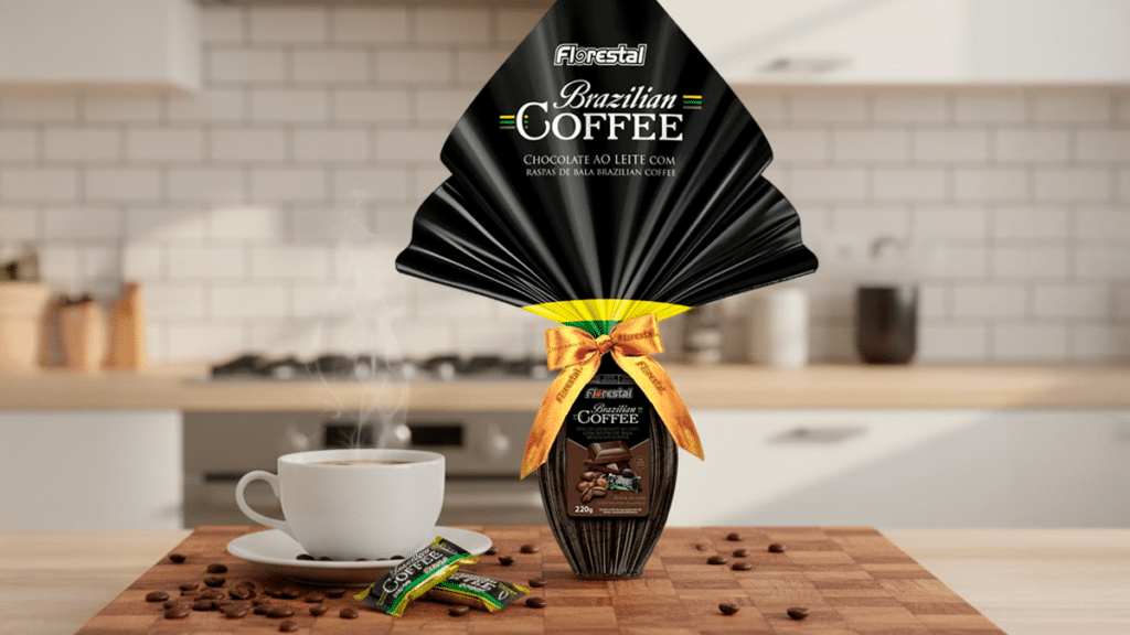 Uma xícara de café fumegante sobre uma mesa de madeira, com grãos de café espalhados por perto. Ao fundo, vê-se uma cozinha elegante. Uma embalagem de café brasileiro Florestal se destaca, decorada com um invólucro preto em formato de leque e uma fita laranja.