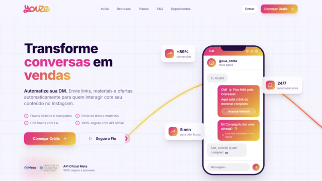 Landing page do Youze com destaque para automações de DM no Instagram e uma conversa em um celular