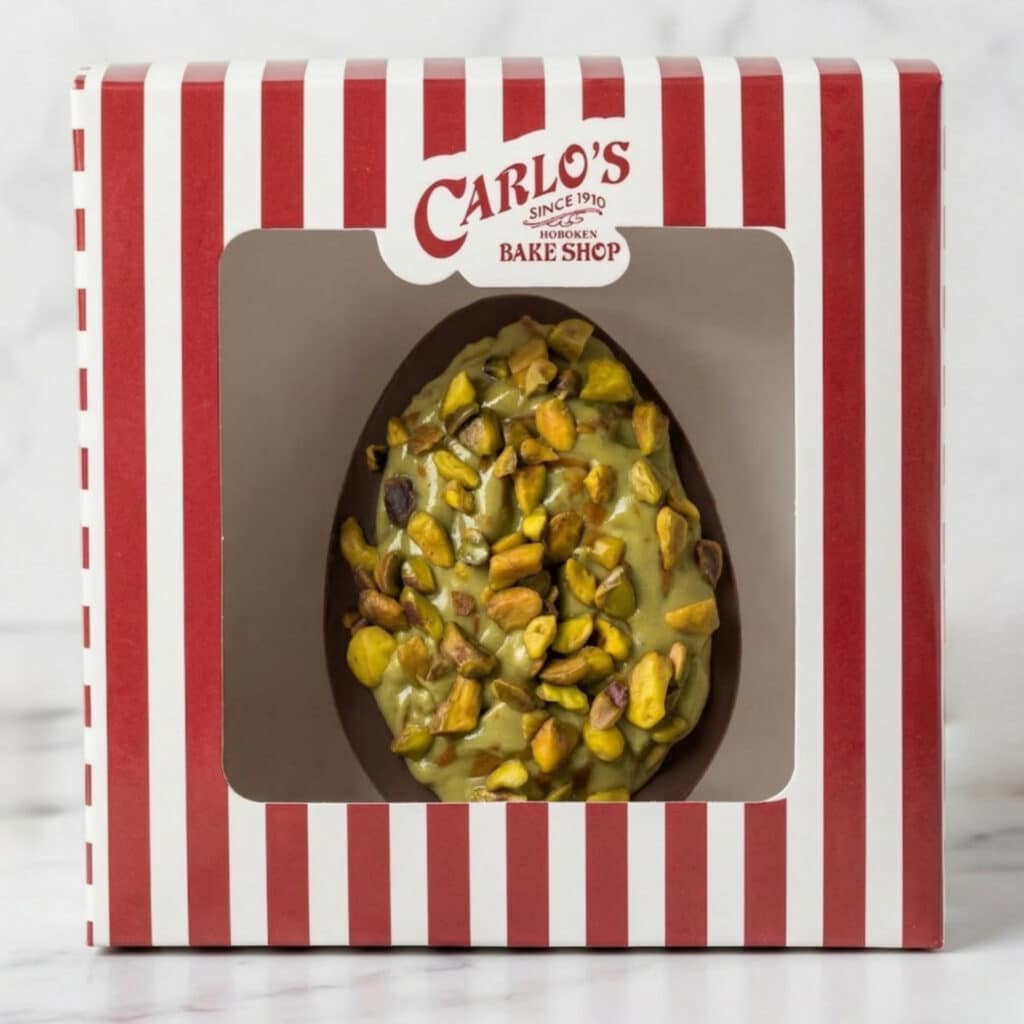 A chocolate egg topped with chopped pistachios, presented in a decorative red and white striped box from Carlo's Bake Shop.