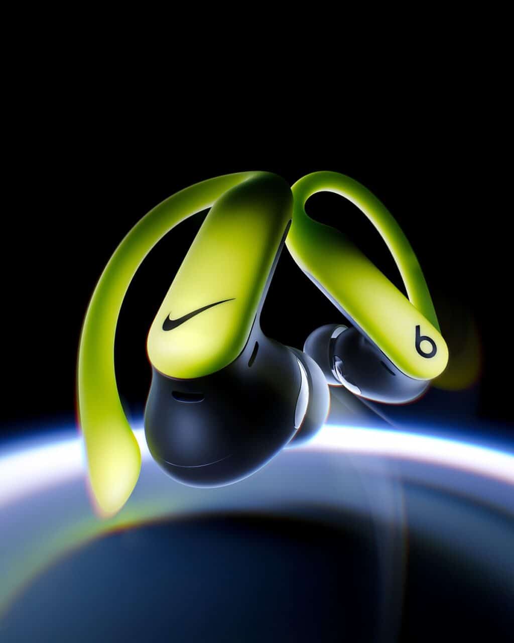 A pair of wireless headphones featuring a green and black design with Nike and Beats branding, floating against a dark background.