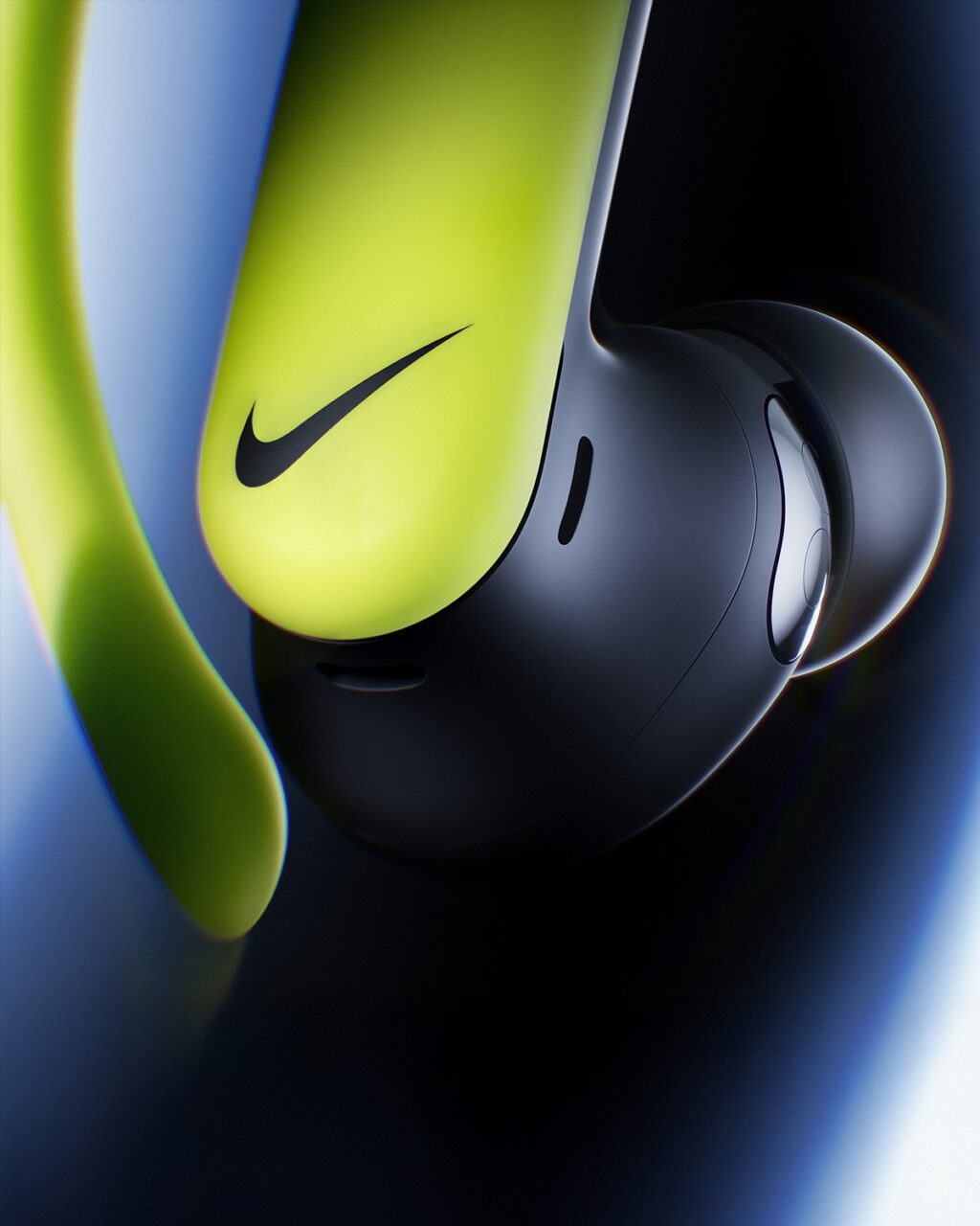 Close-up image of a black and neon green wireless earbud featuring the Nike logo.