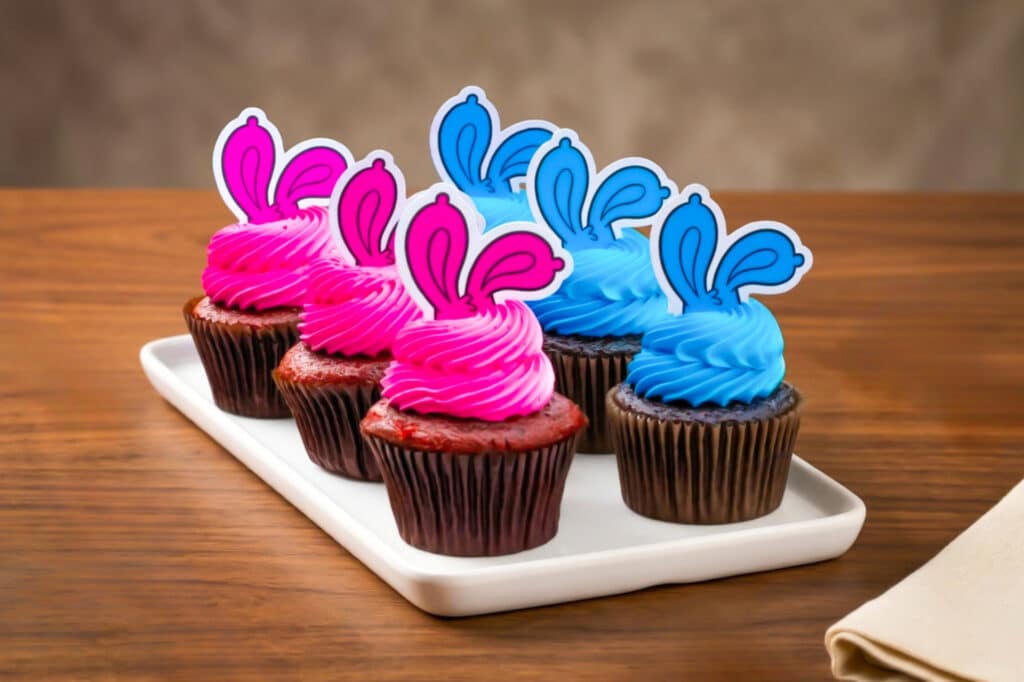 Five colorful cupcakes with pink and blue frosting topped with bunny ear decorations, arranged on a white plate.