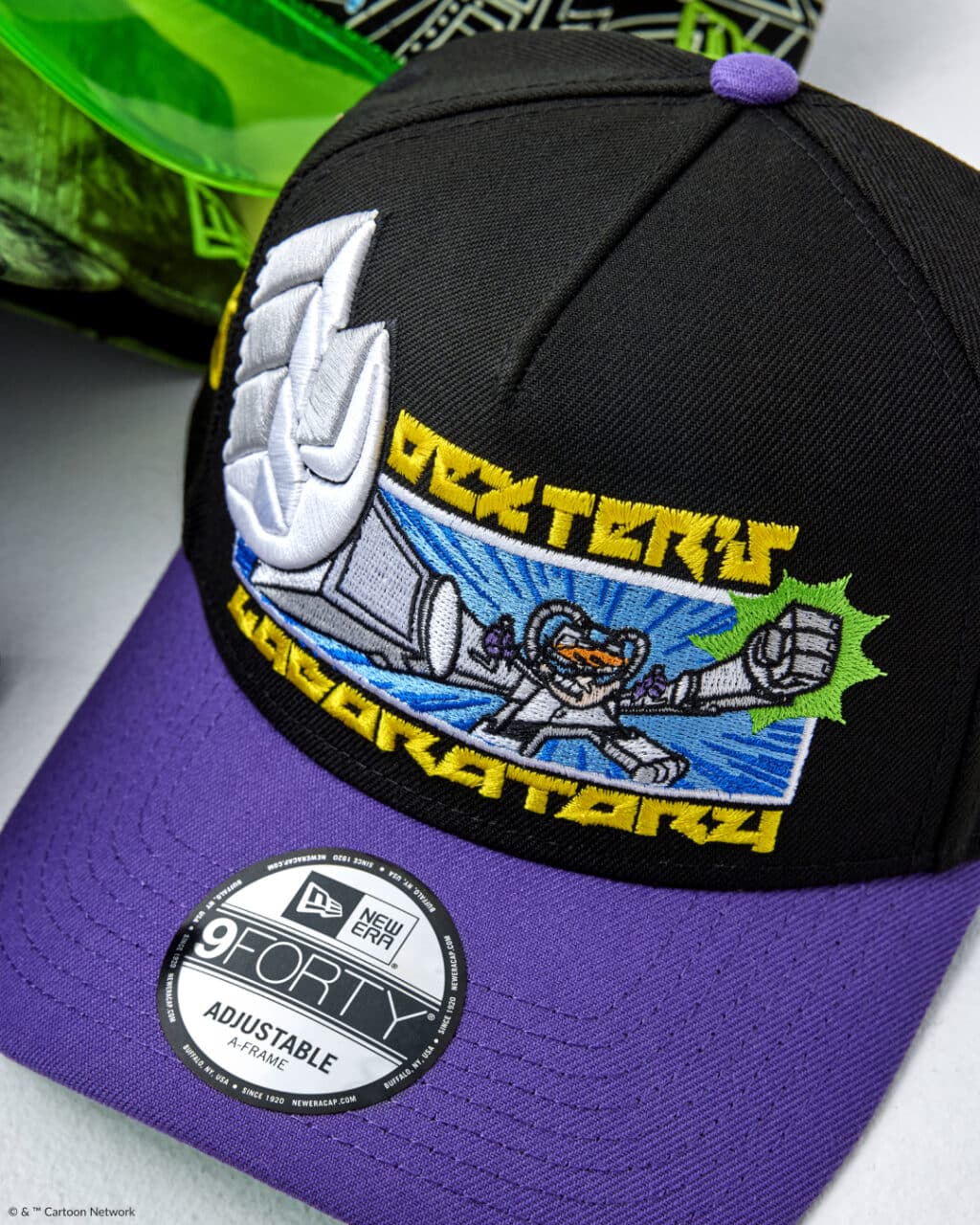 A black cap featuring an embroidered design inspired by a cartoon, showcasing a laboratory theme with colorful graphics and the text 'Dexter's Laboratory.' The cap has a purple brim and includes a New Era tag indicating it's an adjustable 9FORTY style.
