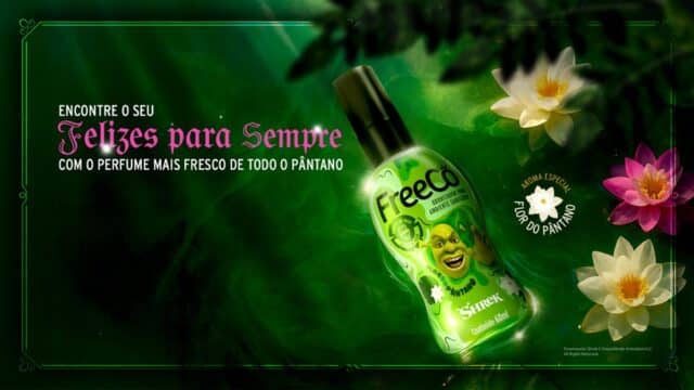 Banner da FreeCô com fragrância inspirada em Shrek, com frascos verdes e flores, destacando “Flor do Pântano”.