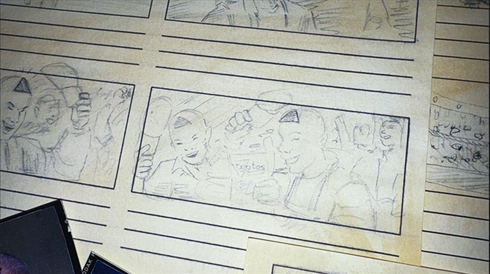 Pencil sketches on lined paper depicting a group of people enjoying snacks and having fun, with one person holding a bag of Doritos.