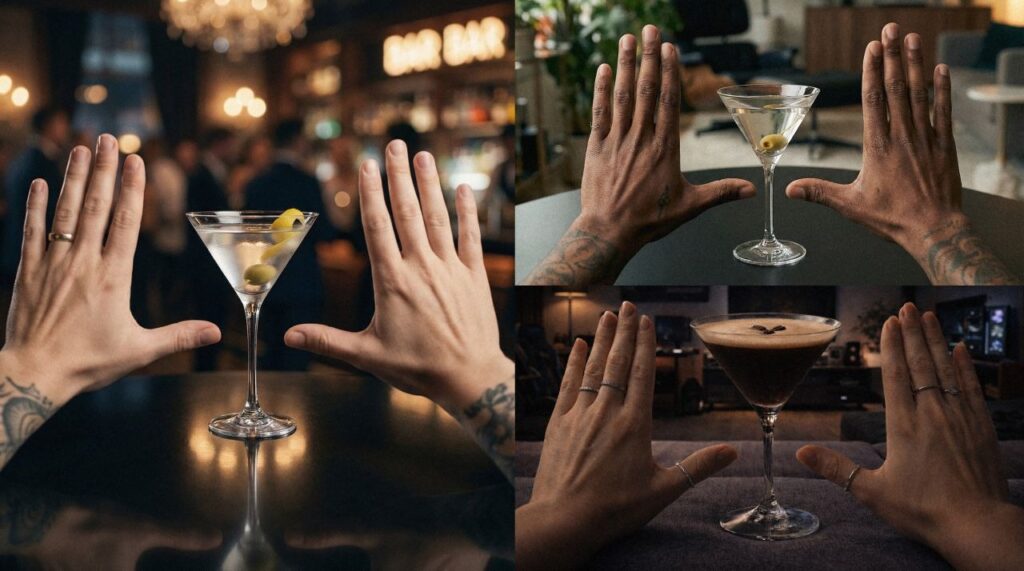 Um close de mãos emoldurando uma taça de martini com azeitonas em um bar, com clientes desfocados ao fundo.
