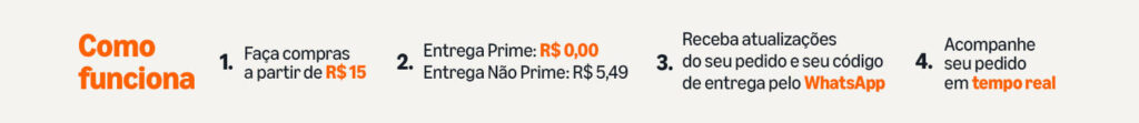 Como funciona: 1. Faça compras a partir de R$ 15. 2. Entrega Prime: R$ 0,00; Entrega não Prime: R$ 5,49. 3. Receba atualizações do pedido e o código de entrega via WhatsApp. 4. Acompanhe seu pedido em tempo real.