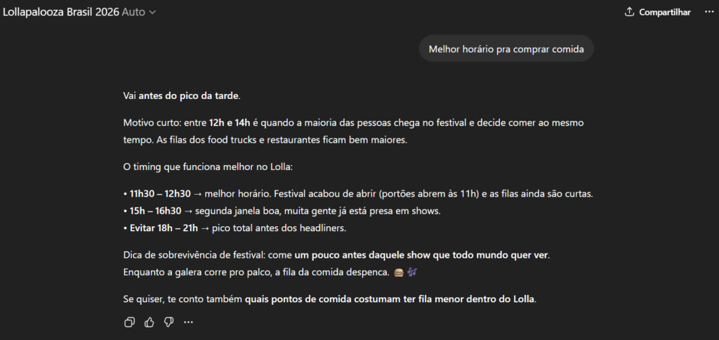 Texto que discute os melhores horários para comprar comida no Lollapalooza Brasil 2026, enfatizando os horários ideais e dicas para evitar filas longas.