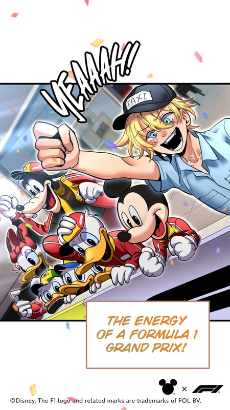 An excited group of animated characters celebrating, including a young man with a taxi hat and several Disney characters like Mickey Mouse and friends, with the text 'YEAAAH!' and a caption about the energy of a Formula 1 Grand Prix.