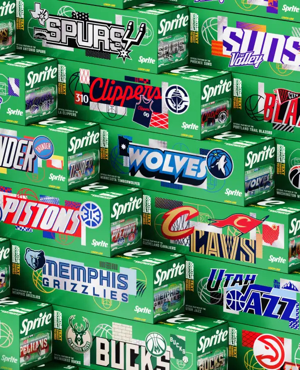 A stack of green Sprite boxes featuring various NBA team logos, including the San Antonio Spurs, Los Angeles Clippers, Phoenix Suns, Oklahoma City Thunder, Minnesota Timberwolves, Detroit Pistons, Cleveland Cavaliers, Memphis Grizzlies, Utah Jazz, and Milwaukee Bucks.