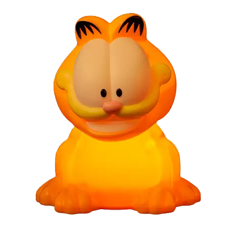 Uma luminária laranja brilhante com o formato do personagem de desenho animado Garfield, apresentando suas características faciais distintas e sua postura sentada.