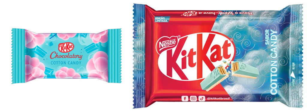 Embalagem para KitKat Chocolatory com sabor de algodão-doce, decorada em tons pastel com detalhes em rosa e azul.