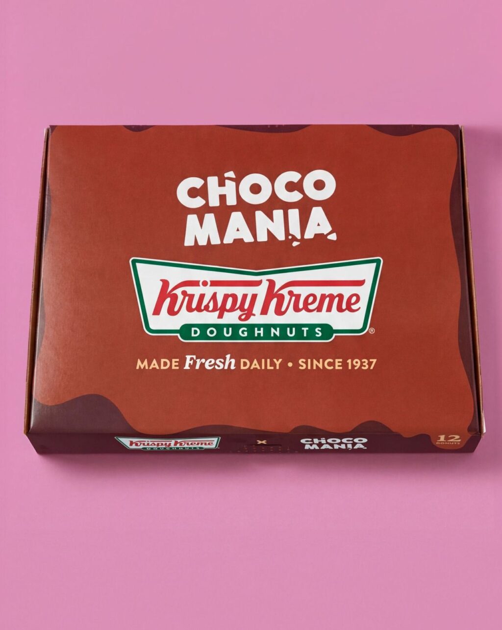 Krispy Kreme Choco Mania doughnut box on a pink background