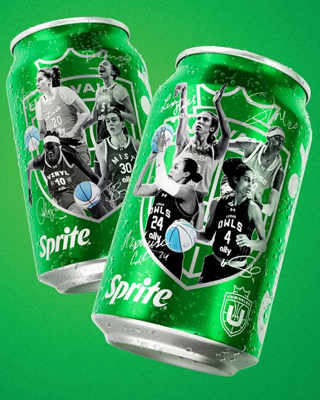 Two Sprite cans featuring black and white images of female basketball players, surrounded by signatures, set against a green background.