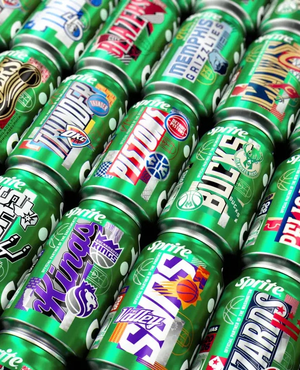 A collection of Sprite cans featuring colorful designs inspired by various NBA teams, including logos and team names, arranged in a grid pattern.
