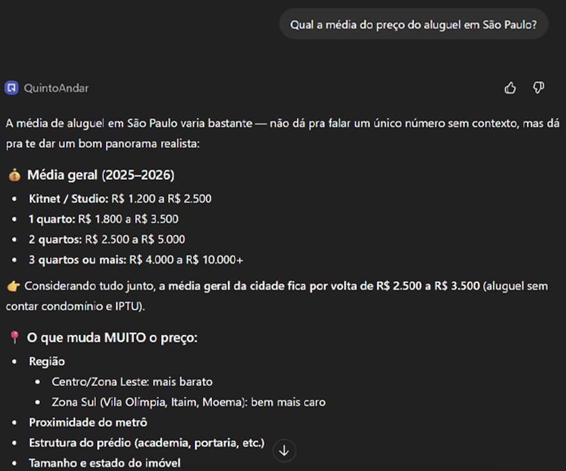 Texto que discute os preços de aluguel em São Paulo, incluindo os custos médios para diferentes tipos de apartamentos de 2025 a 2026, com faixas de preço específicas para estúdios e para apartamentos com diferentes números de quartos.