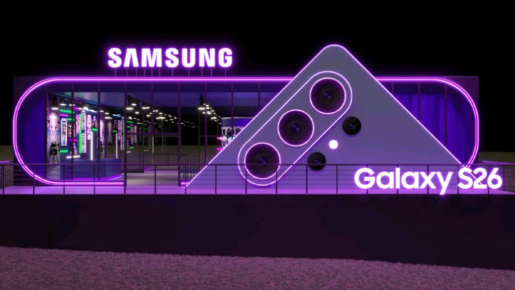 Fachada futurista de uma loja da Samsung com iluminação neon roxa, destacando o produto Galaxy S26.