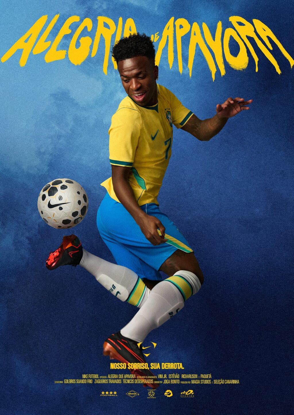 A soccer player wearing a yellow Brazil jersey and blue shorts performs a dynamic move while kicking a black and white soccer ball, set against a blue background with bold text.