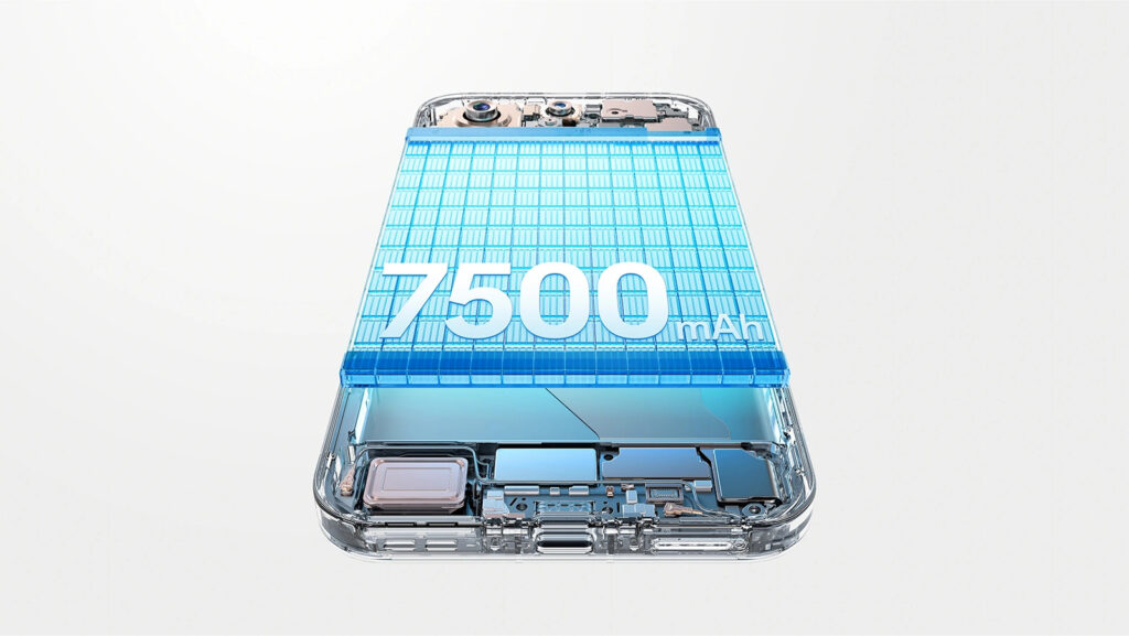 Imagem de um smartphone com a bateria de 7500 mAh destacada em azul, mostrando a parte interna do dispositivo.