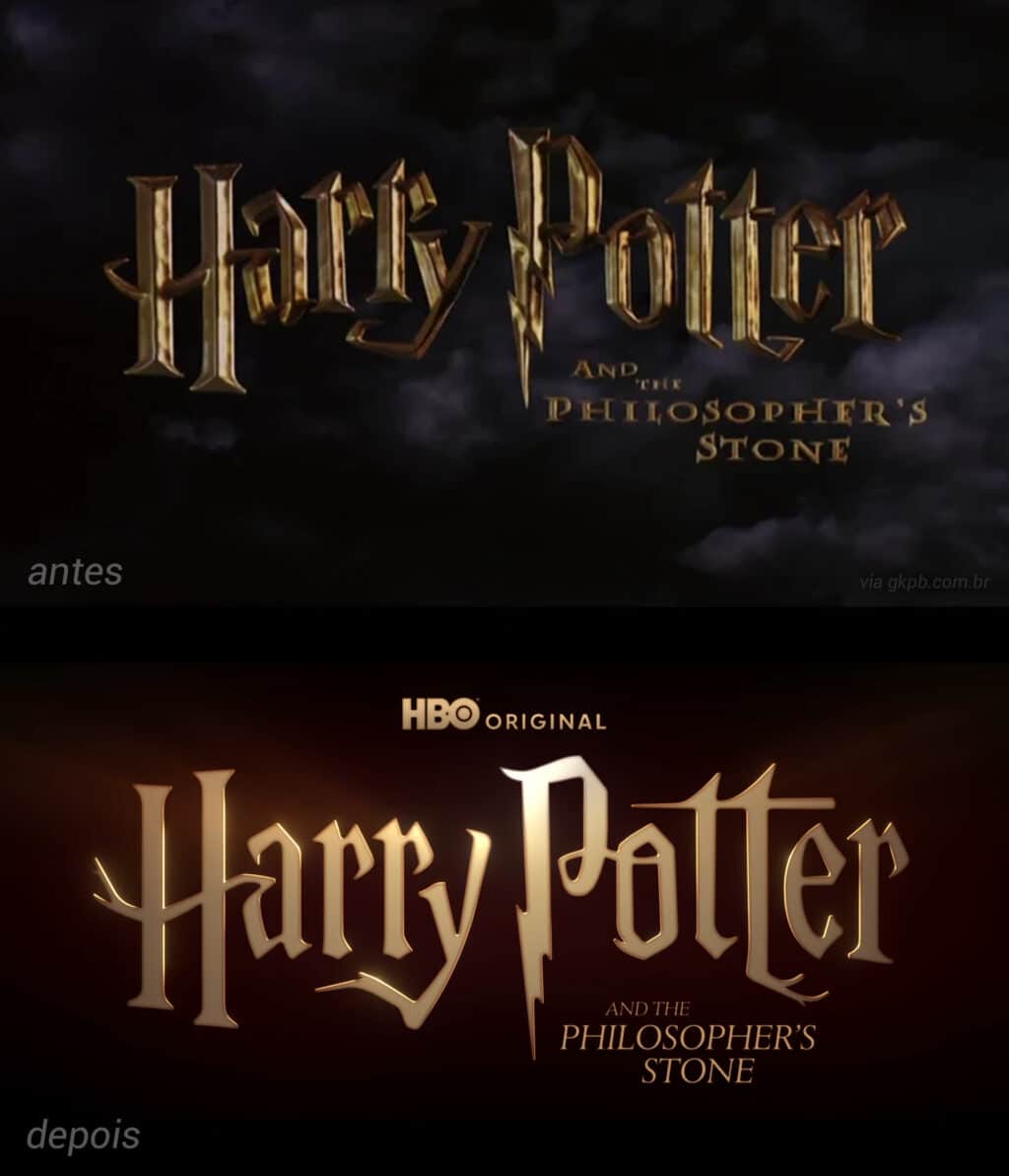 Comparação do logotipo de Harry Potter: versão antiga no topo e versão HBO Original na parte inferior.