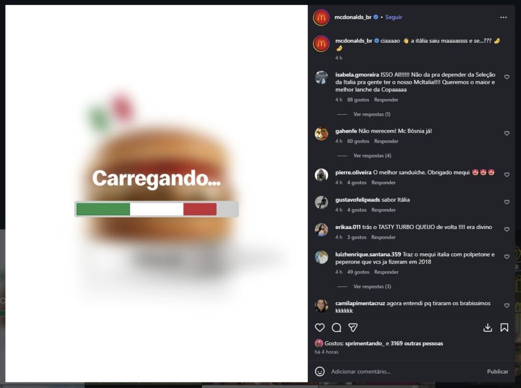 Tela carregando com um hambúrguer e cores da bandeira da Itália.