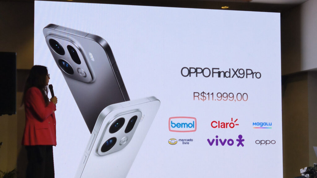 Lançamento do smartphone OPPO Find X9 Pro em apresentação, mostrando o preço de R$ 11.999,00 e logos de parceiros de venda.