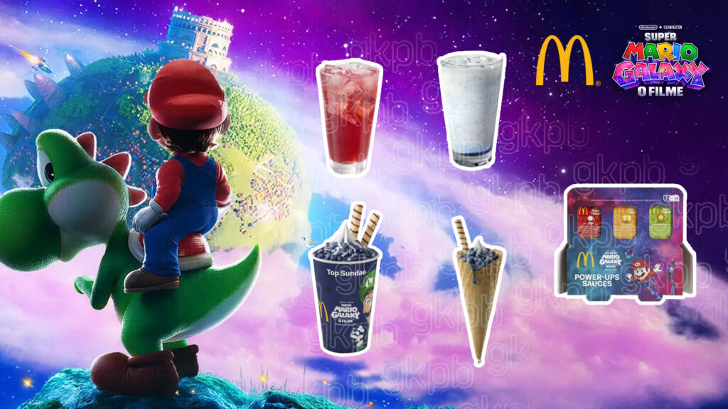 Personagens de Super Mario, Mario e Yoshi, em um cenário cósmico com produtos do McDonald's, incluindo drinks e sobremesas.