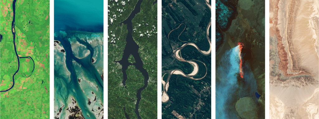 Sequência de imagens de satélite do Brasil, mostrando diferentes regiões do país em mapas de cores e relevo