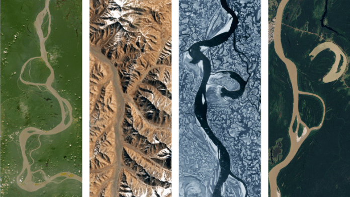Comparação de imagens de satélite Landsat com formas que formam letras em diferentes cores e padrões de terreno.