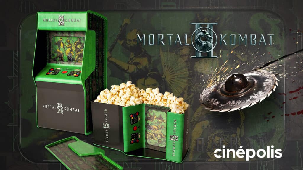 Balde colecionável Mortal Kombat 2 da Cinépolis com pipoca Balde colecionável Mortal Kombat 2 da Cinépolis com pipoca, em cenário de fliperama retrô