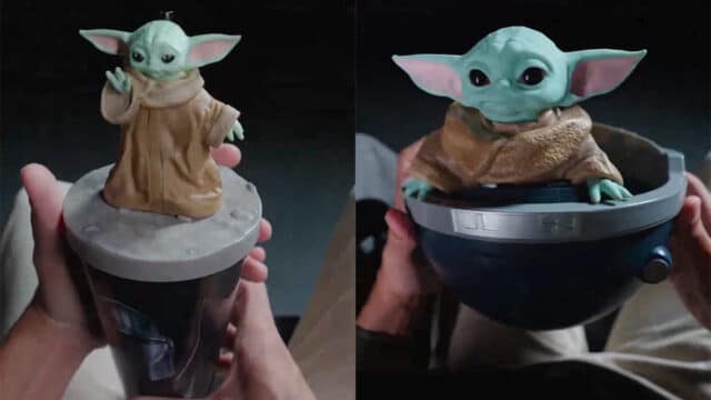 Balde 3D temático da Cinemark com Grogu, em formato do berço anti-gravidade, segurado por mãos.