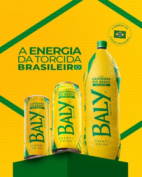 Banner da linha Baly Energy Drink para a torcida brasileira, com latas e garrafa de caipirinha do Brasil