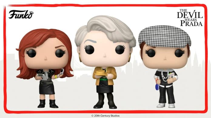 Banner com três Funko Pop do elenco de O Diabo Veste Prada 2, com personagens em destaque.