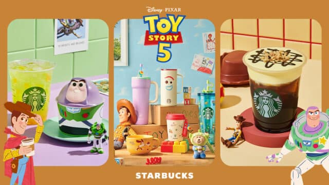 Banner da collab Starbucks com Toy Story 5, com ilustrações e três bebidas temáticas da Starbucks na Coreia do Sul.