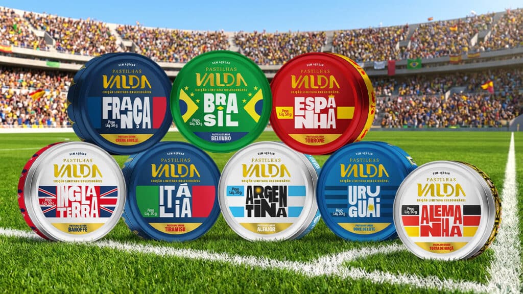 Banner Valda com latas colecionáveis das seleções da Copa: França, Brasil, Espanha, Inglaterra, Itália, Argentina, Uruguai e Alemanha.
