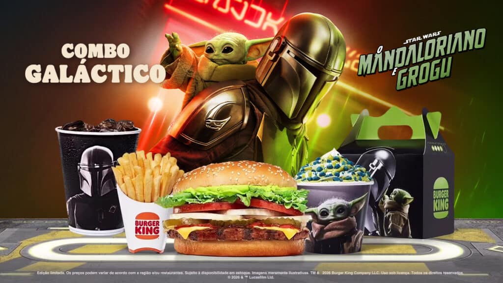 Burger King Combo Galáctico com Mandaloriano e Grogu Imagem promocional do Burger King com o Combo Galáctico e personagens de Mandaloriano e Grogu, com hambúrguer e batatas